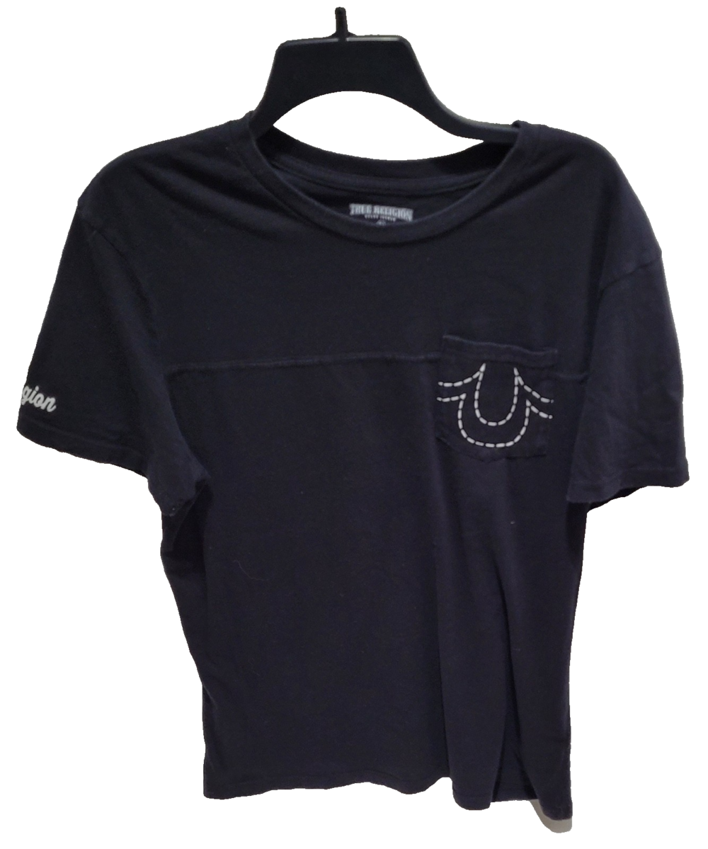 True Religion Shirt Mens 2XL Black Overtime Crew Neck Pocket Logo Tee Cotton